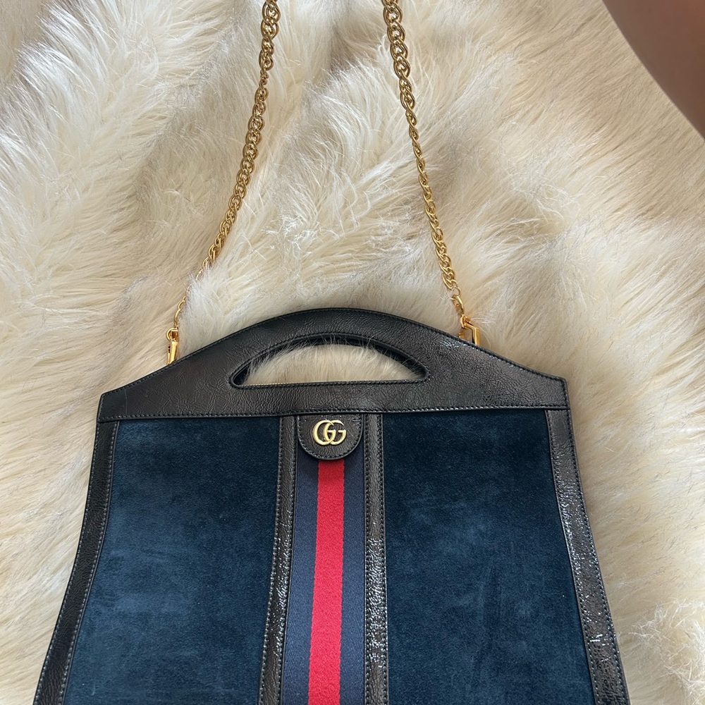 Gucci Black and Red Tote with Gold Chain